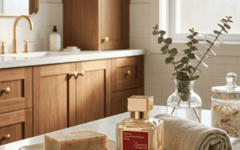 Baccarat Rouge 540 dupes perfume bottles on a marble vanity table