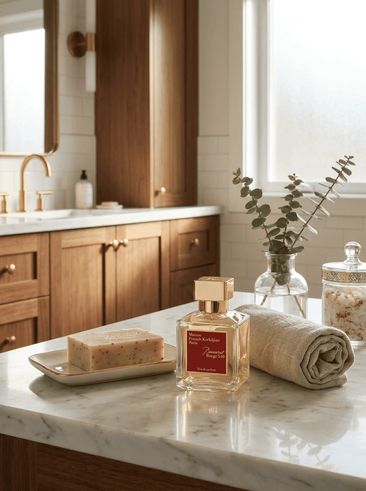 Baccarat Rouge 540 dupes perfume bottles on a marble vanity table