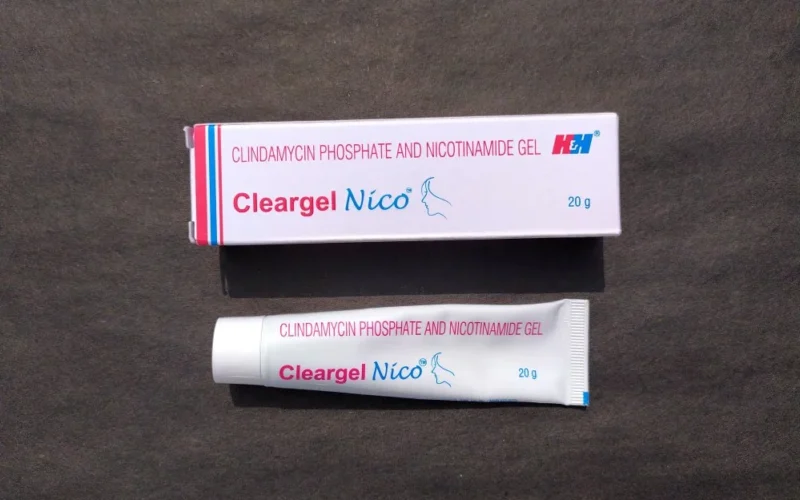 Cleargel Nico prescription acne gel tube on marble surface