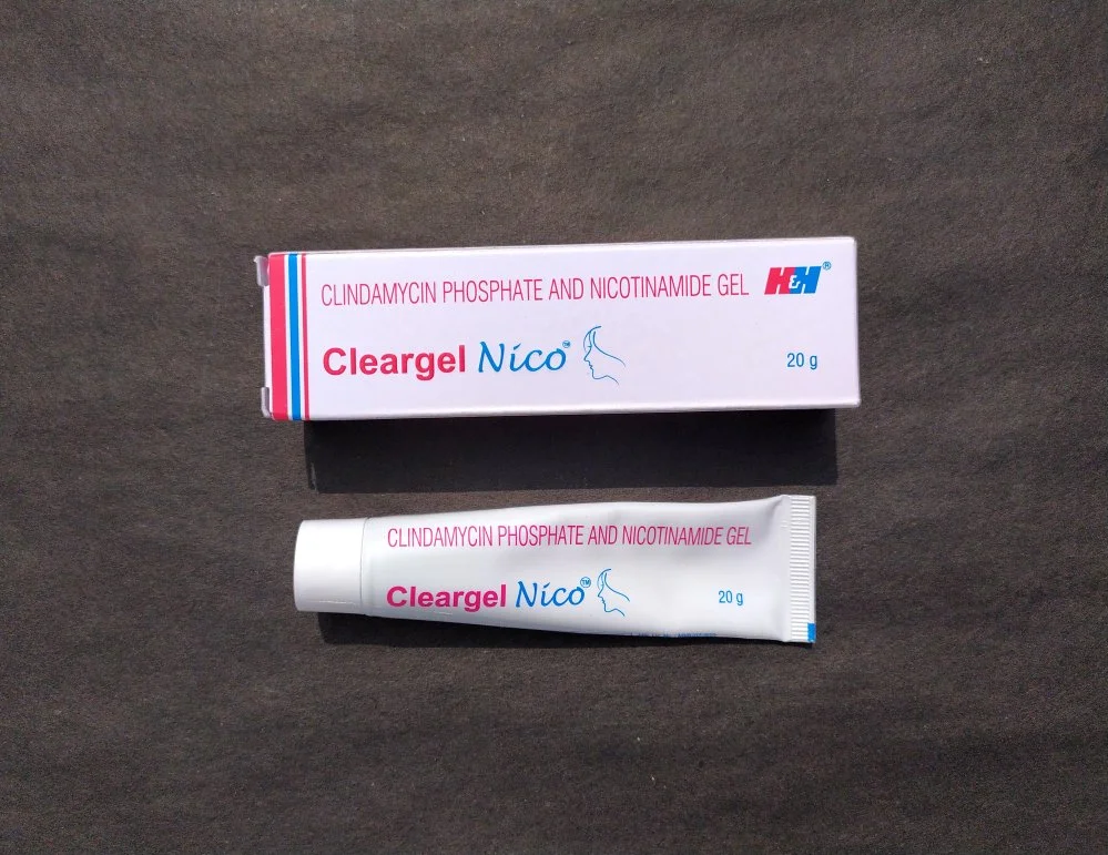 Cleargel Nico prescription acne gel tube on marble surface