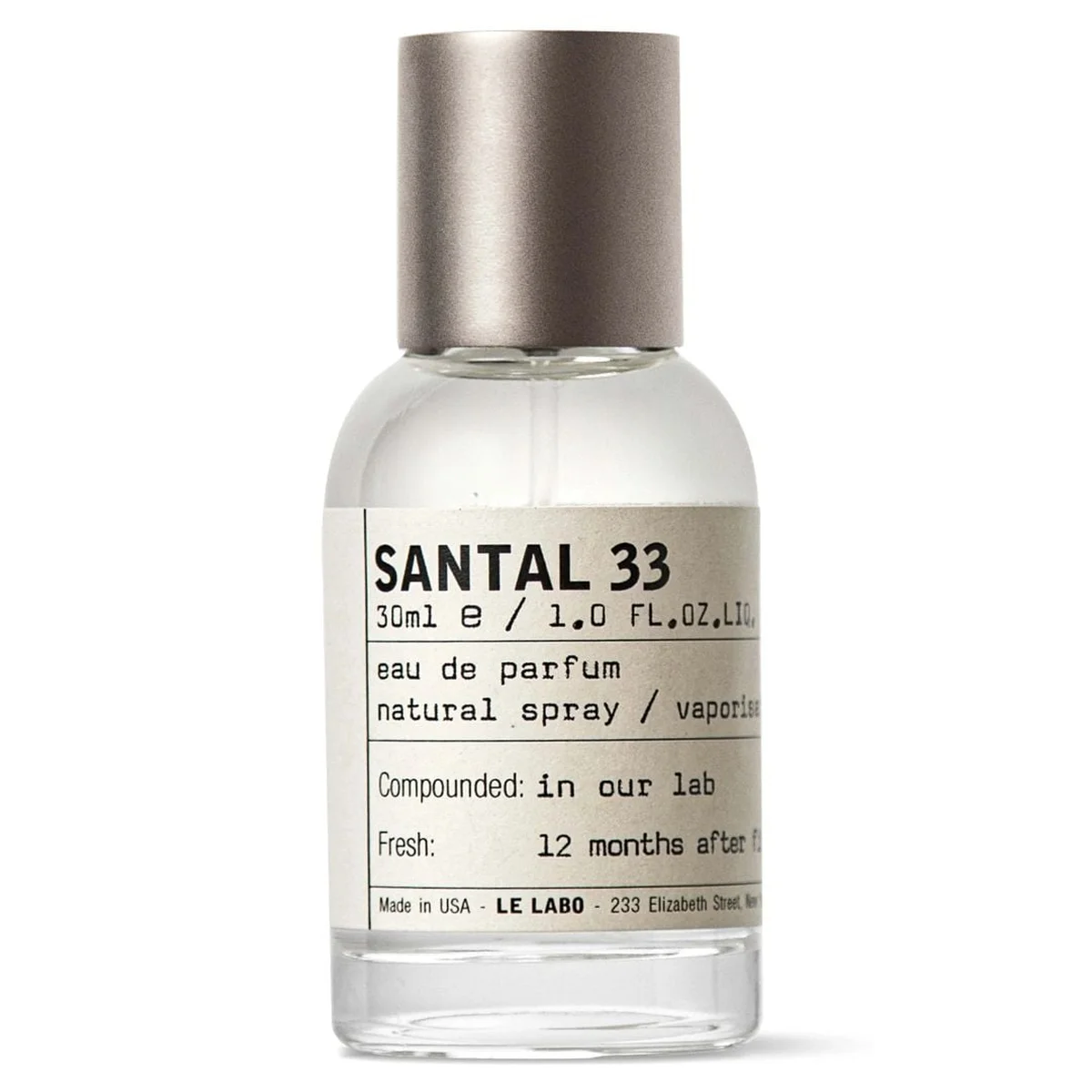 Le Labo Santal 33 eau de parfum bottle, clean studio product shot