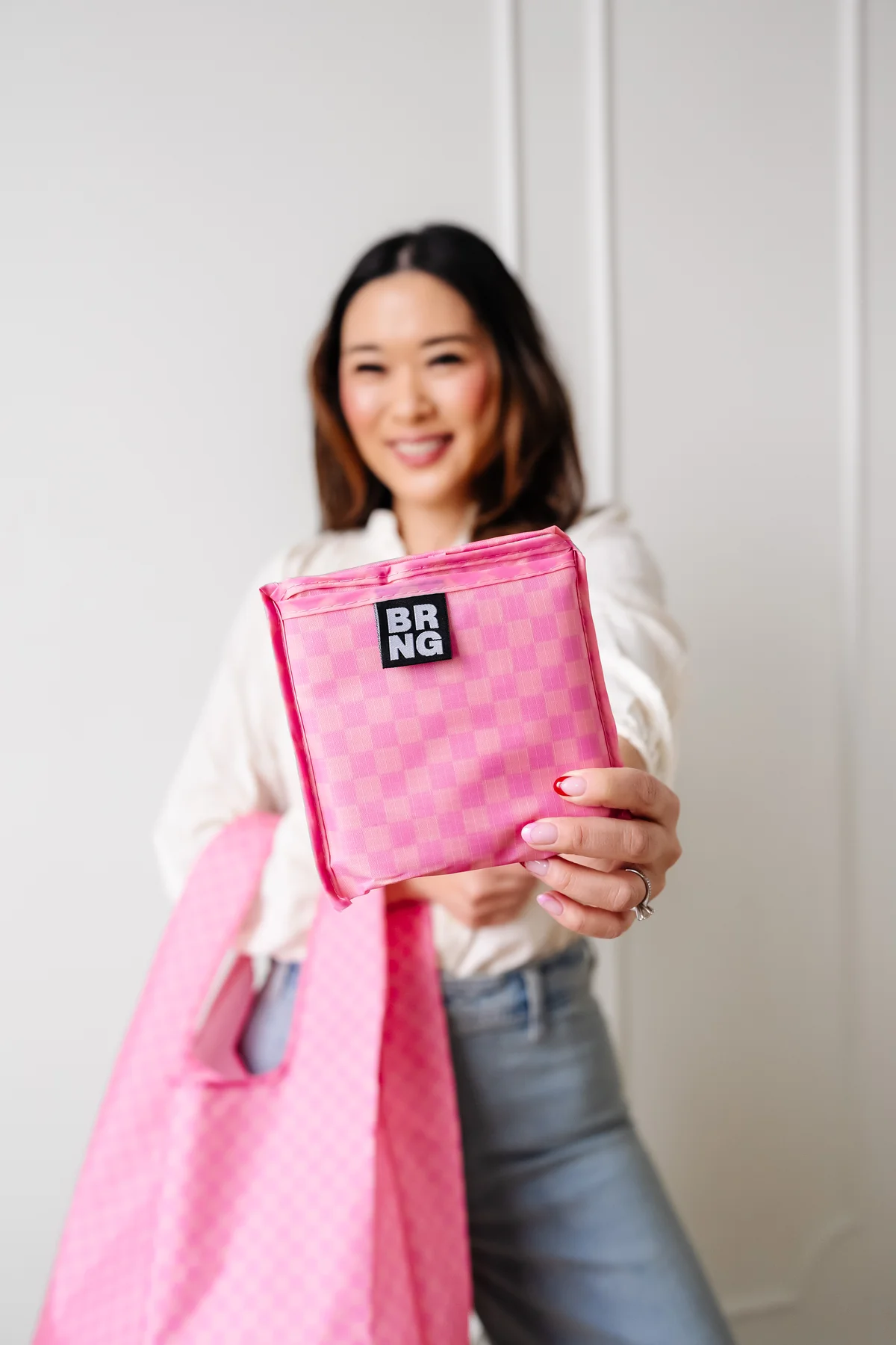 White Vivi tote with cream bows and pink stripes detail