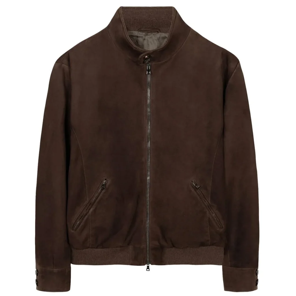 Brown suede bomber jacket, flat lay on neutral background