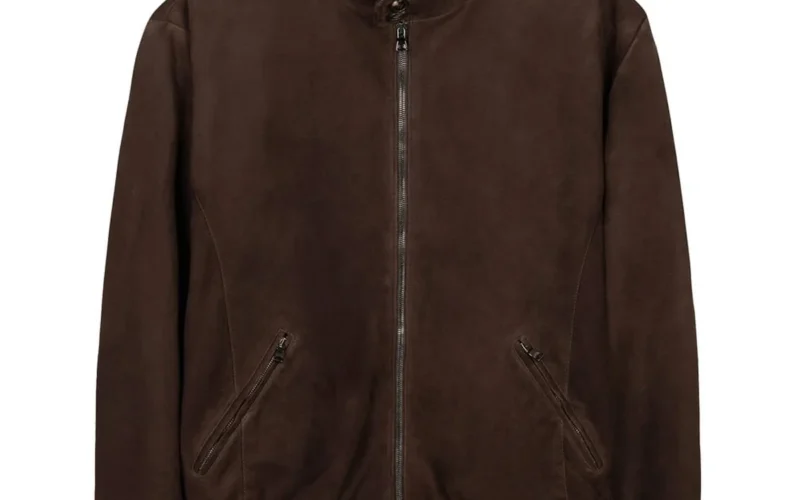 Brown suede bomber jacket, flat lay on neutral background