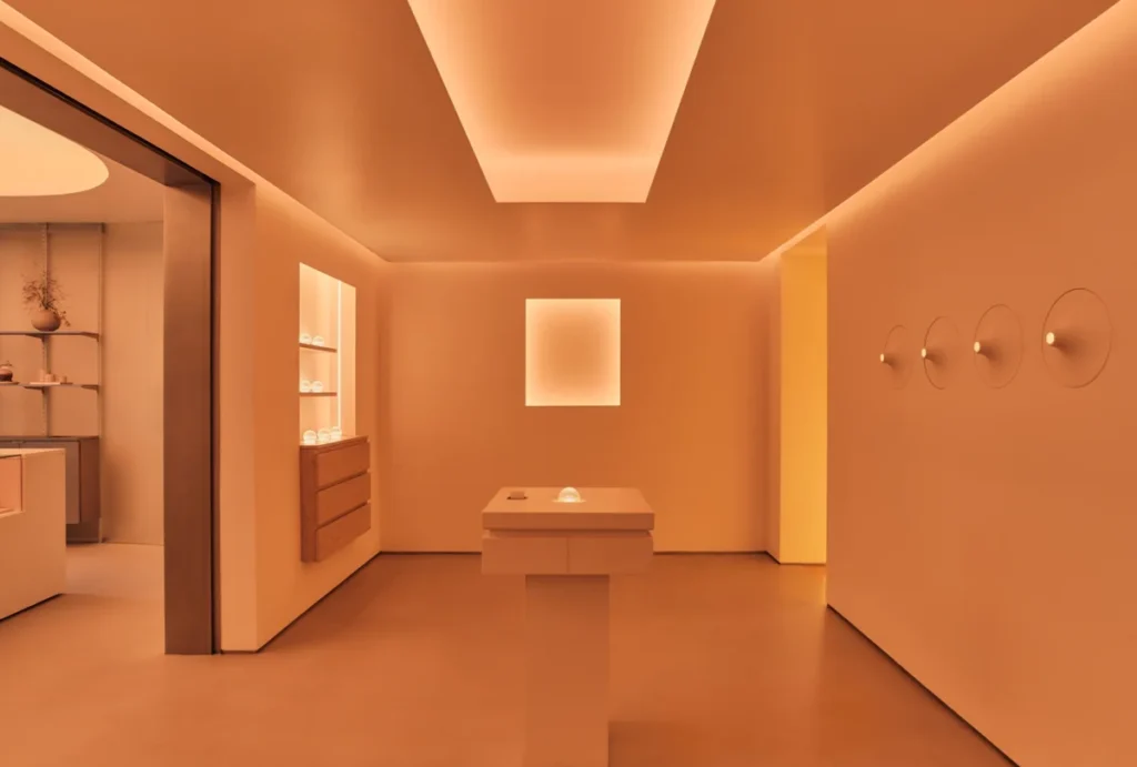 Warmly lit minimalist beauty store interior with glowing display pedestal