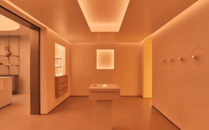 Warmly lit minimalist beauty store interior with glowing display pedestal