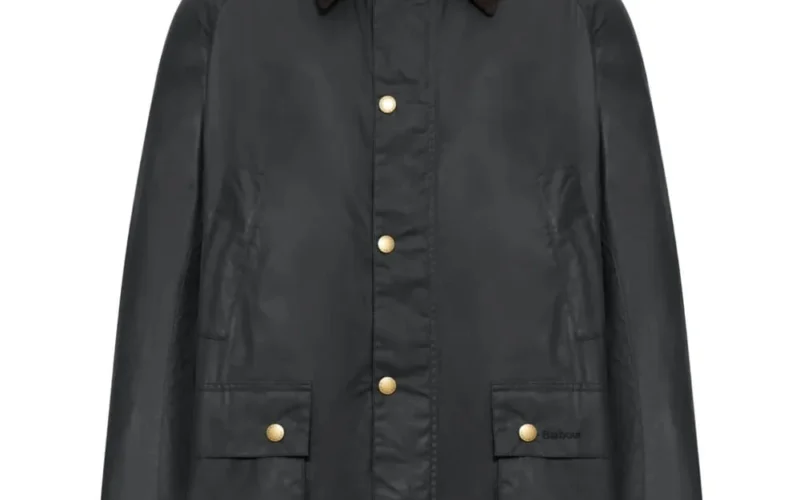 Black waxed cotton jacket with suede collar and brass buttons