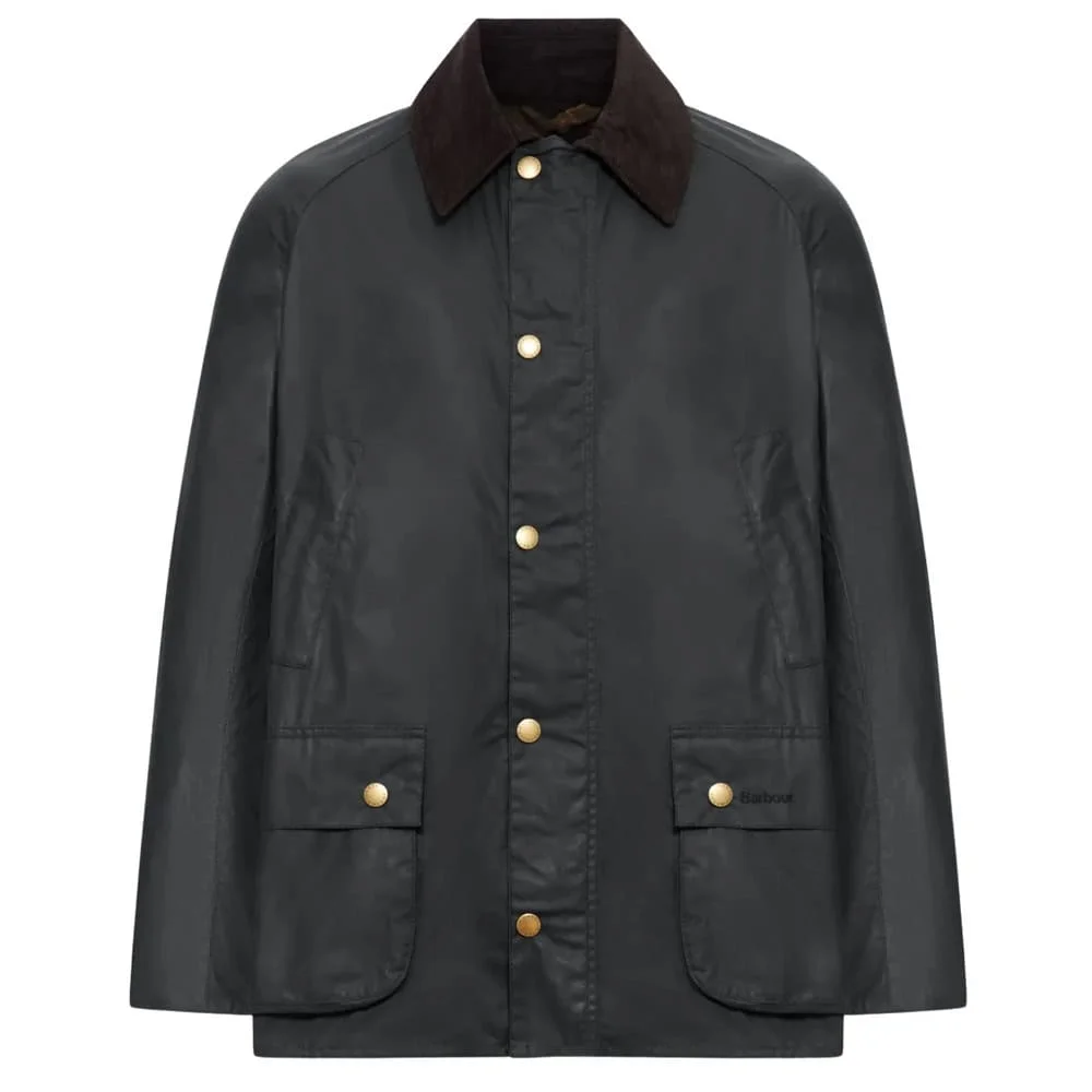 Black waxed cotton jacket with suede collar and brass buttons