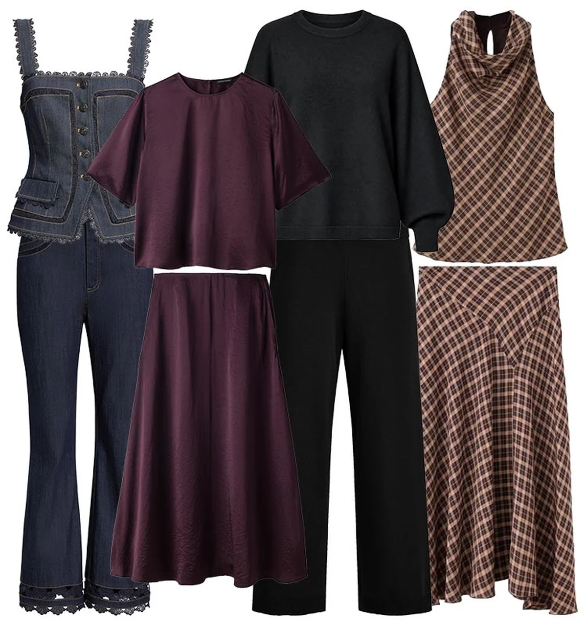 Flat-lay of four coordinated women's matching sets and outfits