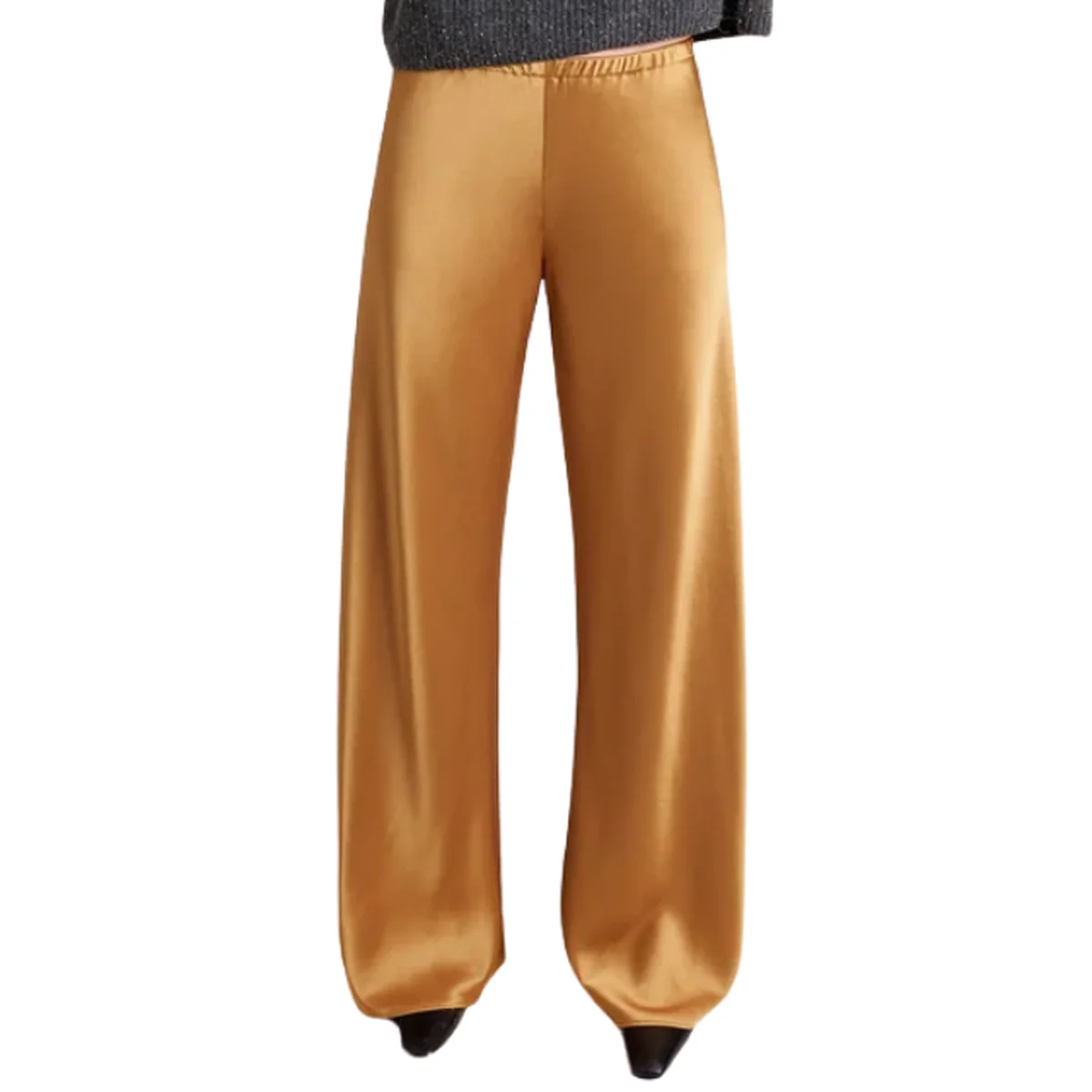 Gold satin wide-leg trousers with pointed shoes