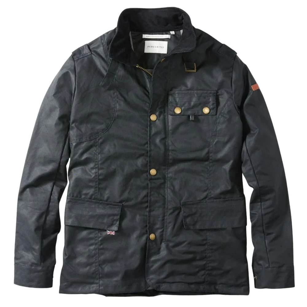 Black utility jacket with brass hardware and patch detail