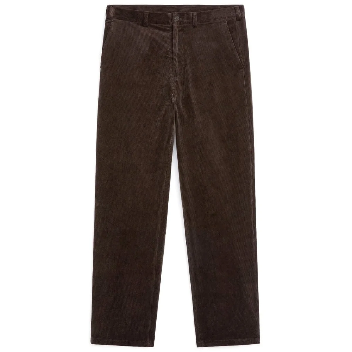 Dark brown straight-leg corduroy trousers, flat lay