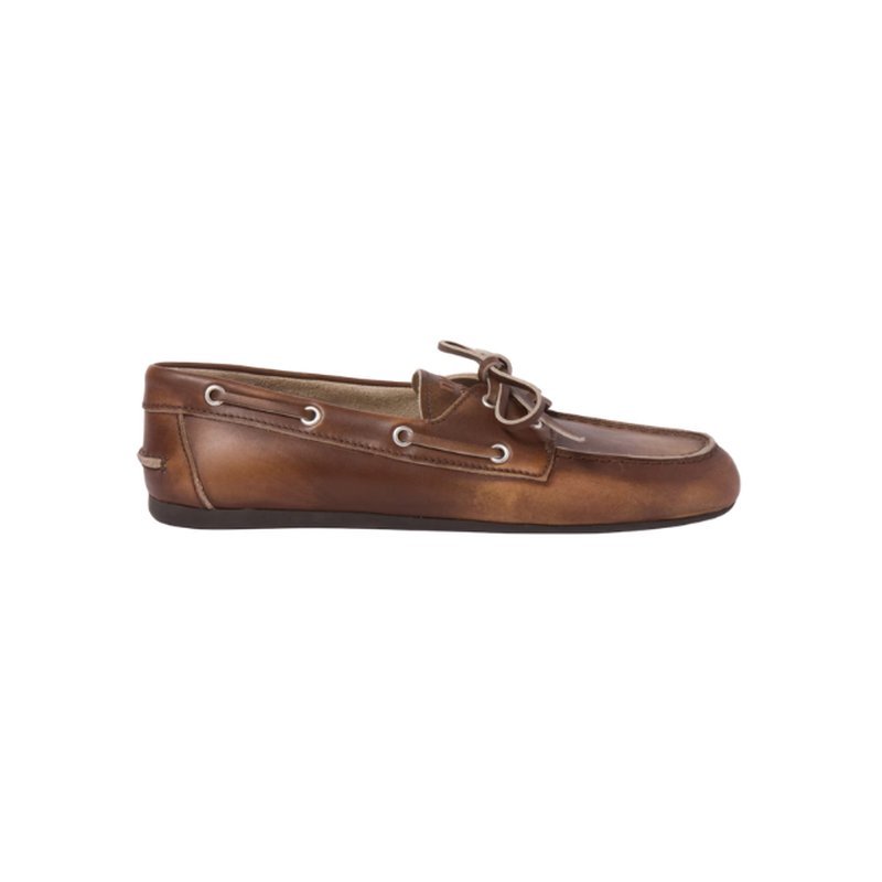 Brown leather lace-up boat shoe on white background