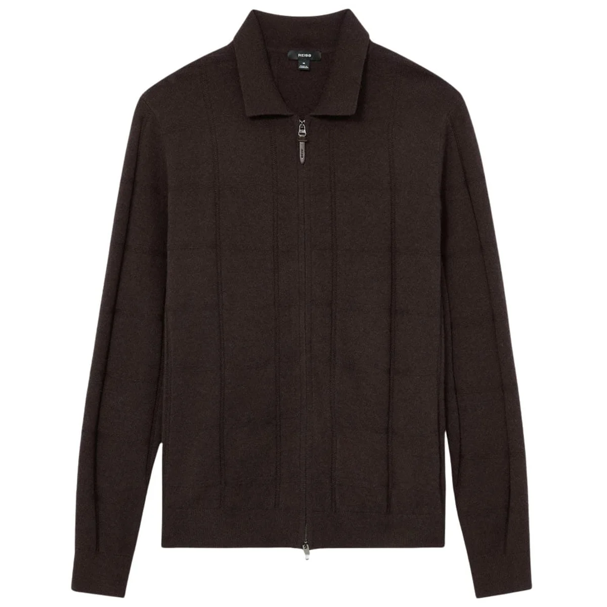 Dark brown zip-up wool knit cardigan, flat lay