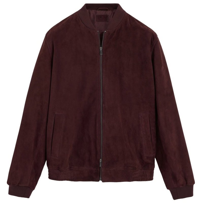 Maroon suede bomber jacket, flat lay on neutral background