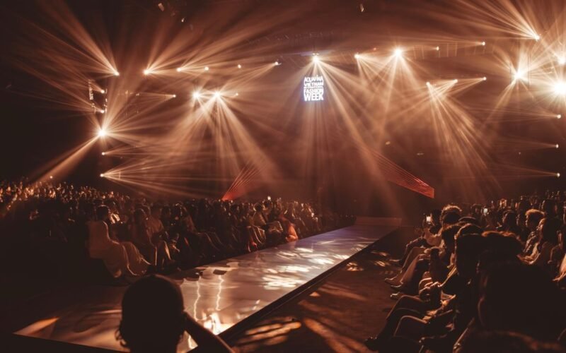 Wide view of a fashion show runway with bright spotlights and seated audience