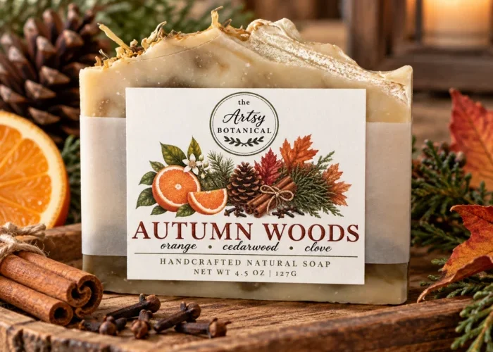 Autumn Woods handmade soap with autumn-themed label on rustic wooden surface