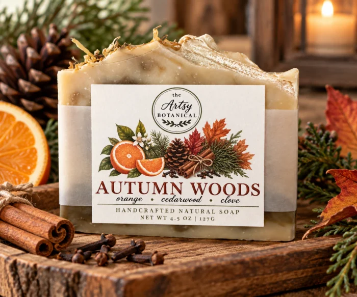 Autumn Woods handmade soap with autumn-themed label on rustic wooden surface