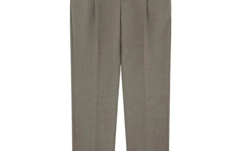 grey pleated tailored trousers on white background