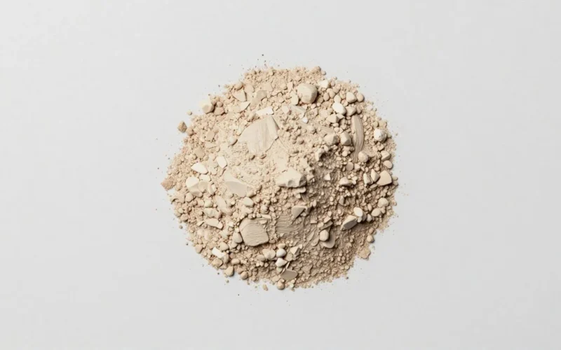 Crushed beige pressed powder and flakes on a white background