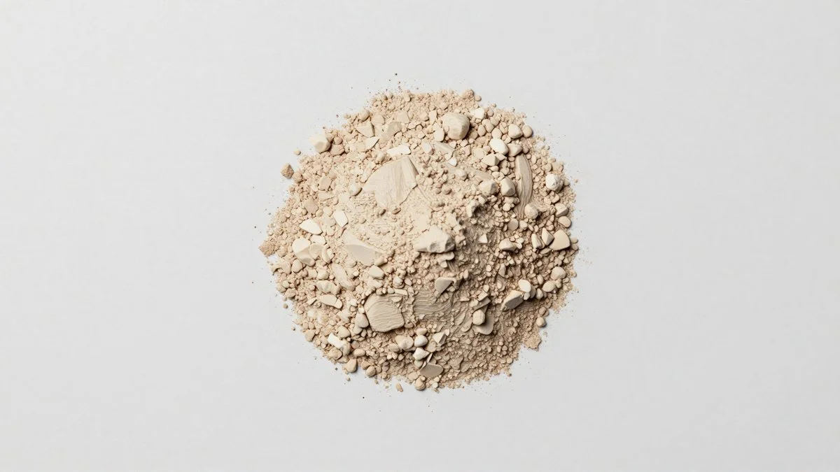 Crushed beige pressed powder and flakes on a white background