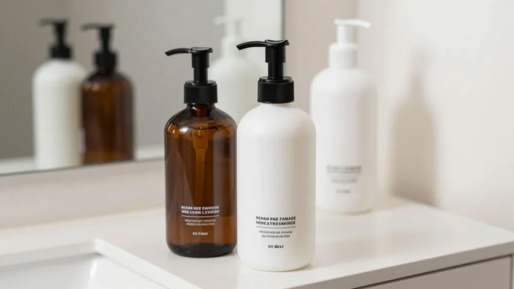 Two pump bottles of hair care products on a bathroom counter