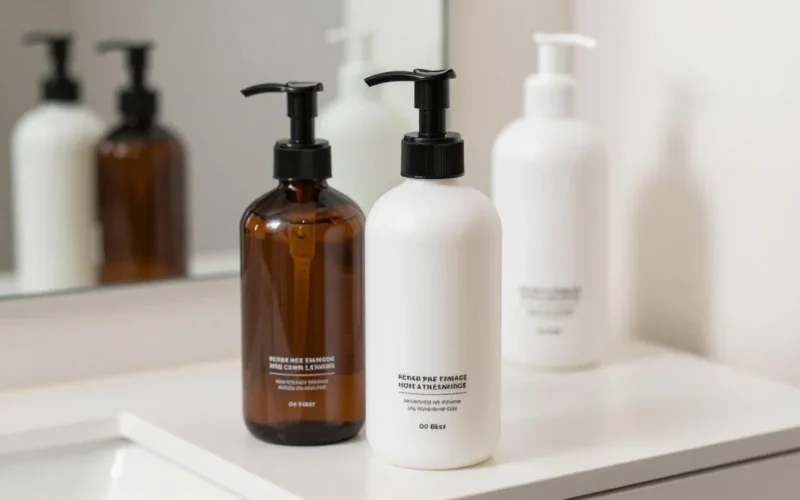 Two pump bottles of hair care products on a bathroom counter