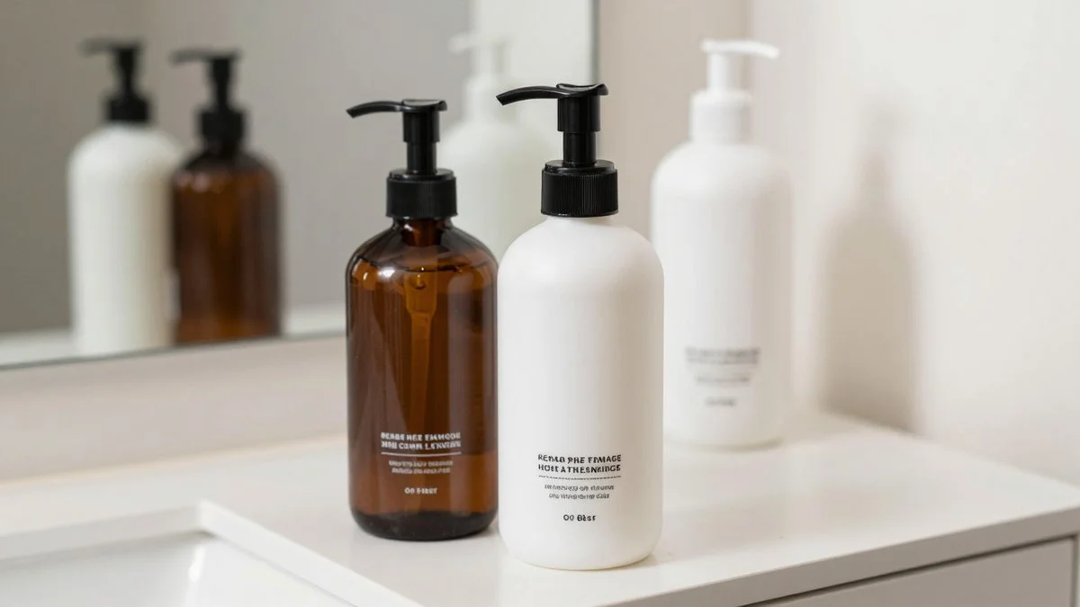 Two pump bottles of hair care products on a bathroom counter