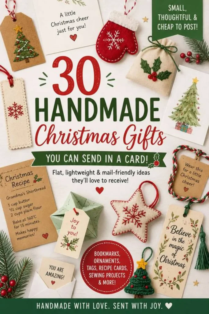 Flat handmade Christmas gifts arranged to fit inside a card