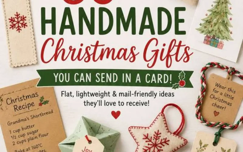 Flat handmade Christmas gifts arranged to fit inside a card